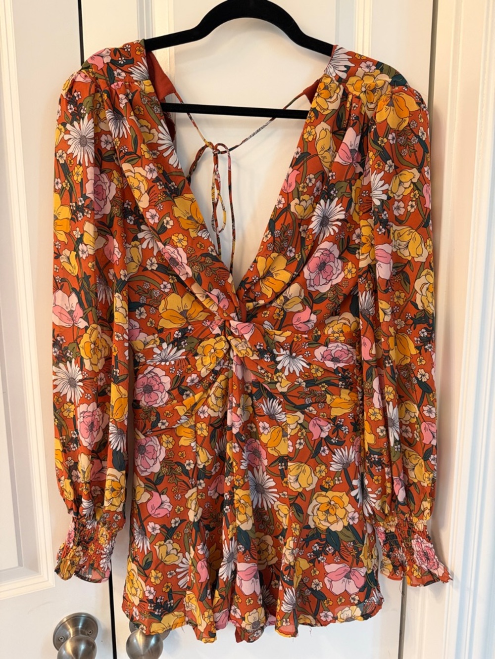 ASTER Rust Floral Twist-Front Tunic with Pink & Yellow Blooms